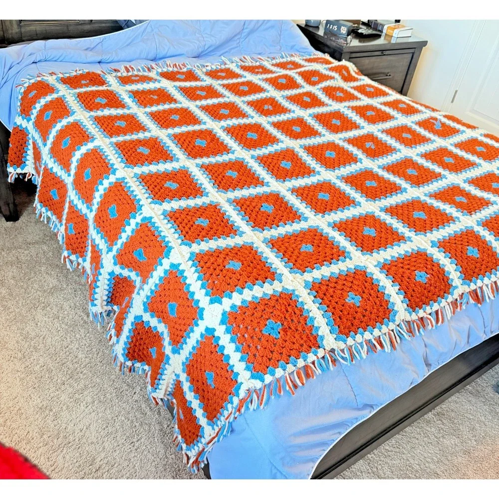 Vintage Granny Square Crocheted Handmade Colorful Blanket Afghan 74